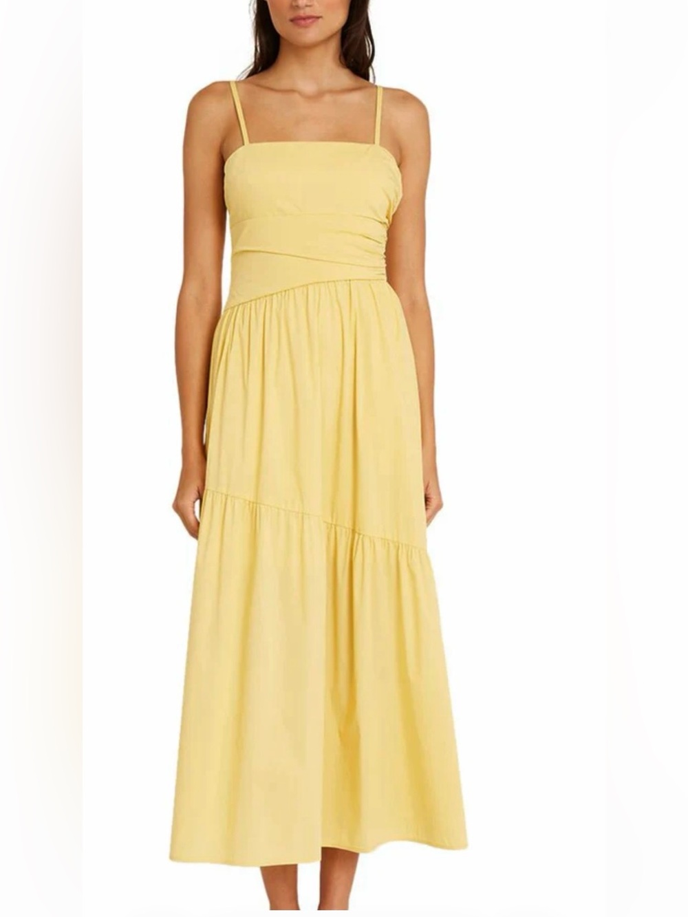 Luxely Yellow Cotton Blend Spaghetti-Strap Midi Dress with Asymmetric Tier
